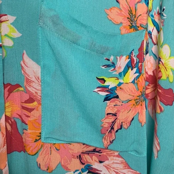 ANA Oversized Button Up Shirt Aqua & Peach Floral Hawaiian Dolman Sleeve Medium - Picture 7 of 14